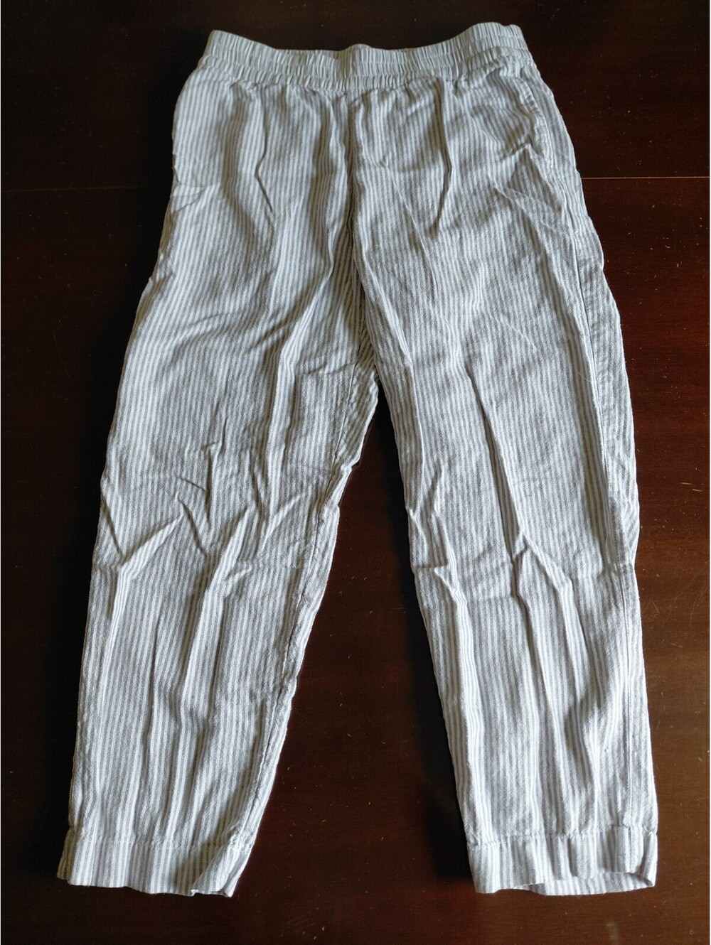 Old Navy Linen Blend High Rise Straight Leg Pants Striped Gray Medium Womens